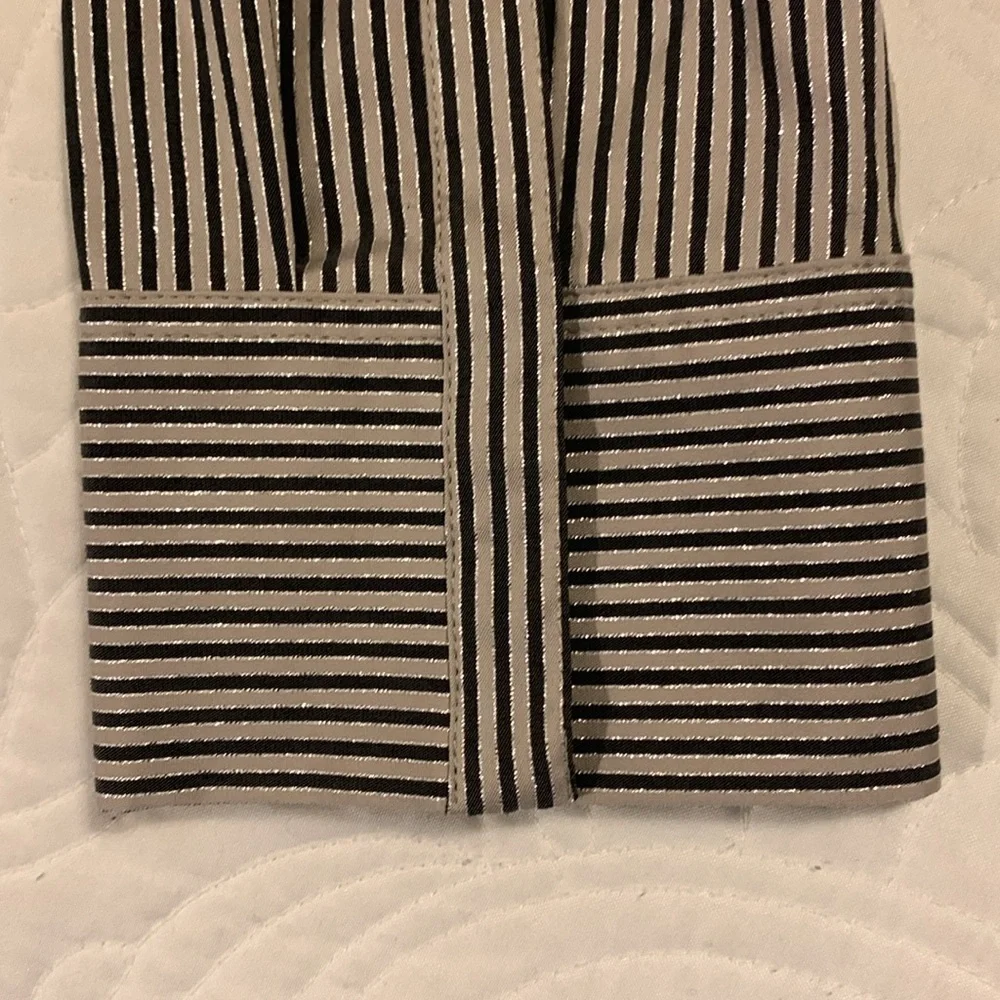 LAFAYETTE 148 NY Stripe Shimmer Button Down Long Sleeve Blouse Black Beige SZ 10 - Picture 3 of 16